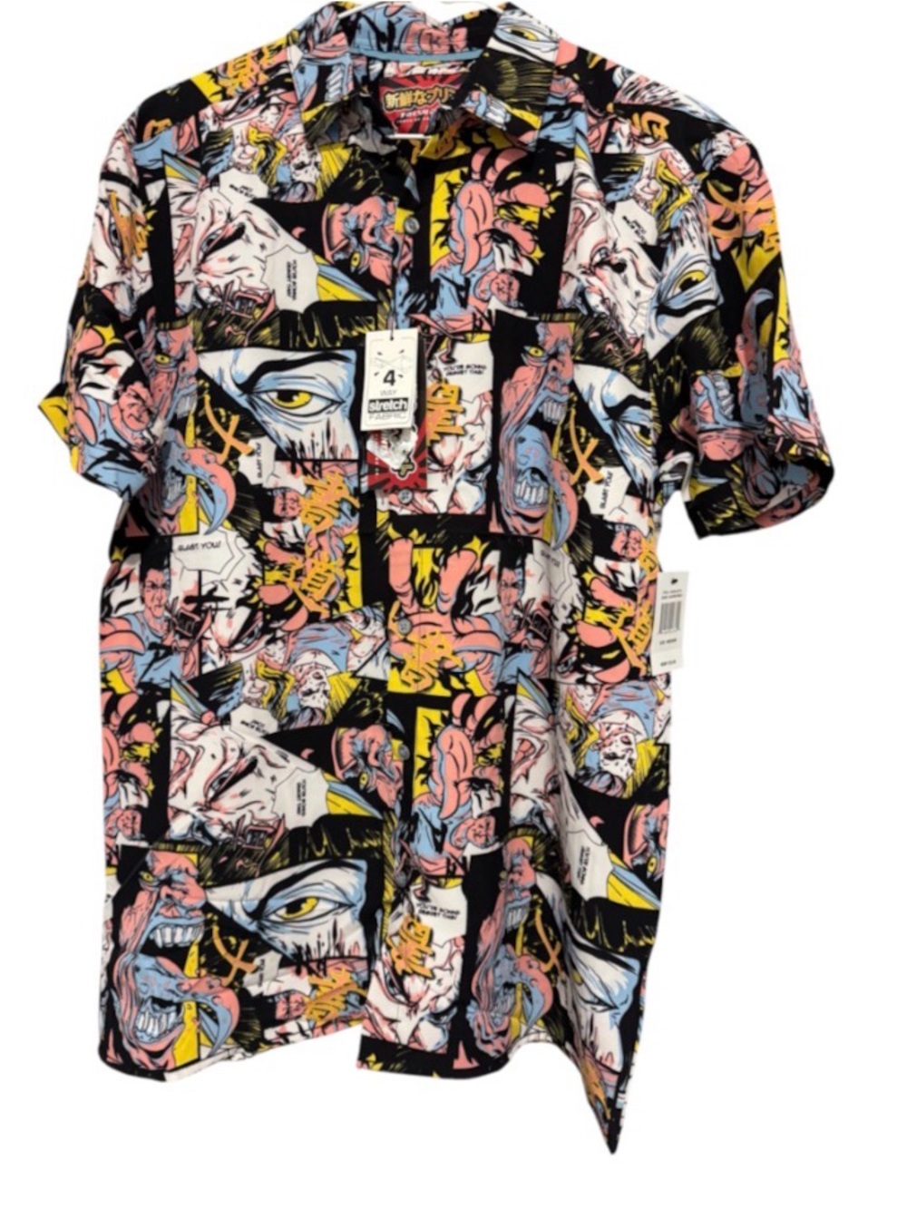 Mens Graphic Comic-Print Short Sleeve Shirt - Black / Multicolor M